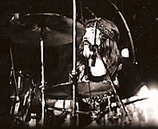 John Bonham, on stage in the US in 1973, whose aggressive drumming style was critical to the hard rock sound associated with the band