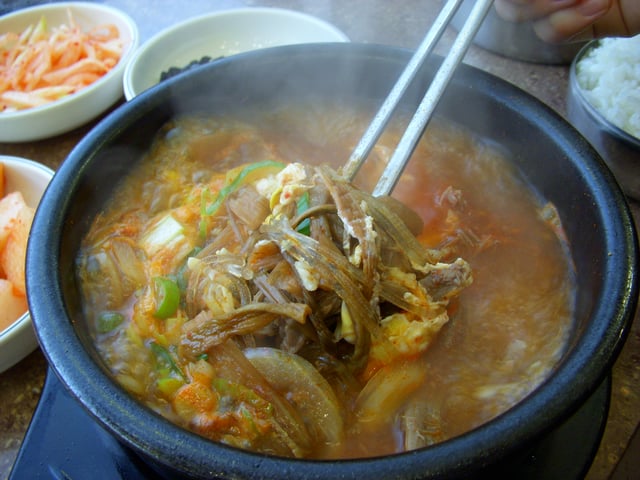 Yukgaejang is a spicy soup with a beef and vegetables in it. It is a Korean traditional food and served during funerals.