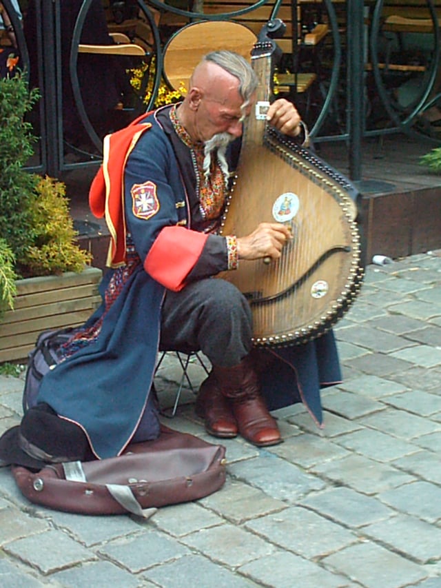 A Ukrainian Cossack (Ostap Kindrachuk) playing the bandura and wearing traditional clothing
