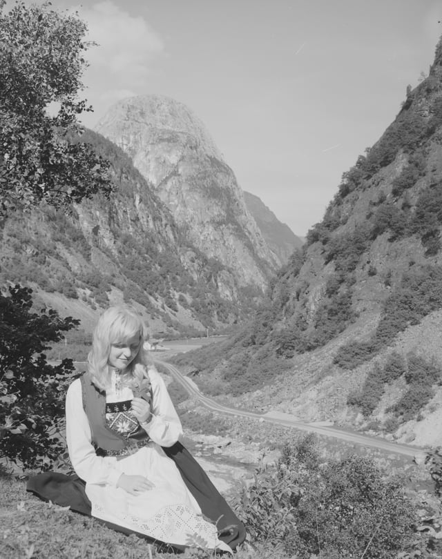 Ethnic Norwegian woman in local geographic environment at Voss near Gudvangen in 1959