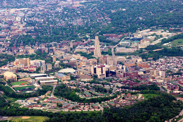 Aerial view of the university and Oakland neighborhood; Carnegie Mellon University is at top-right