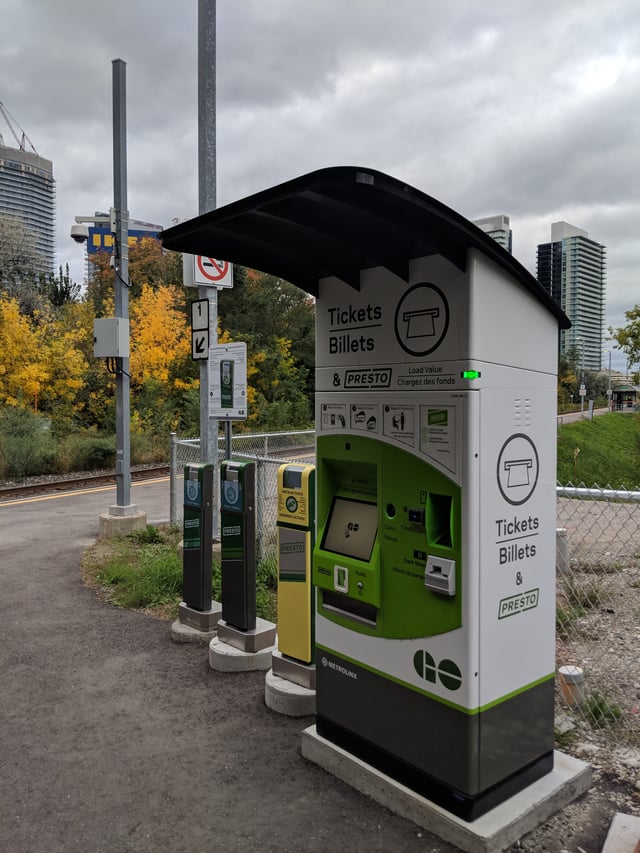 A Presto card and single ticket machine at a suburban train station in Toronto