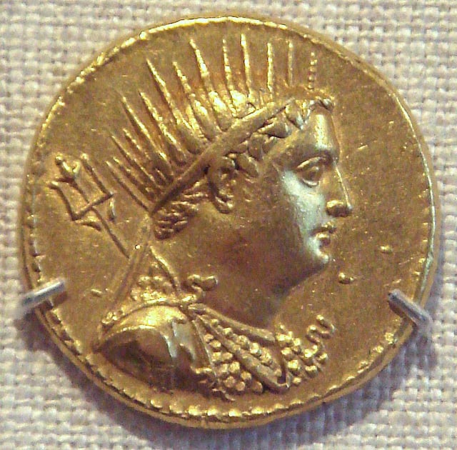 Coin depicting Pharaoh Ptolemy III Euergetes. Ptolemaic Kingdom.