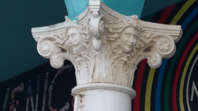 Capital designed by Felix Peano, featuring faces of Abbot Kinney (L) and Nettie Bouck (R)