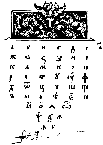 A page from Азбука (Читанка) (ABC (Reader)), the first Ruthenian language textbook, printed by Ivan Fyodorov in 1574. This page features the Cyrillic alphabet.