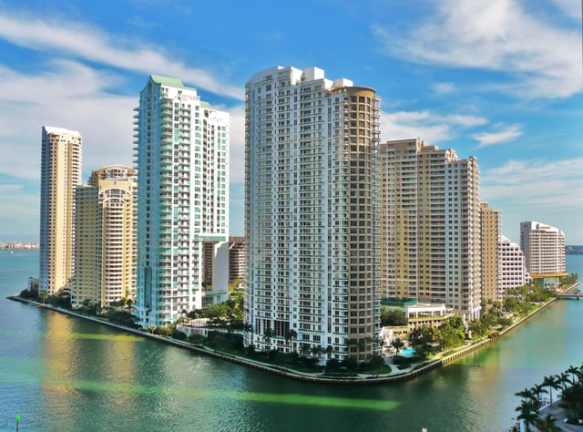 Brickell Key in Miami, FL, from the northwest is separated by water, requiring access by bridge