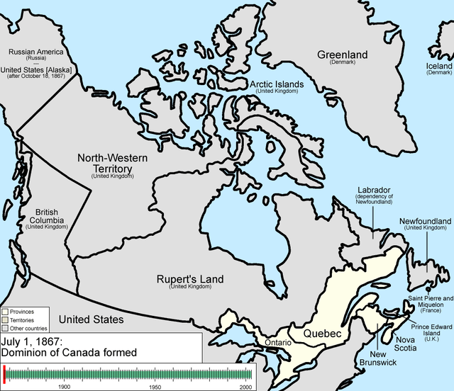 An animated map showing the growth and change of Canada's provinces and territories since Confederation in 1867.
