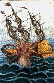 Pen and wash drawing of an imagined colossal octopus attacking a ship, by the malacologist Pierre de Montfort, 1801