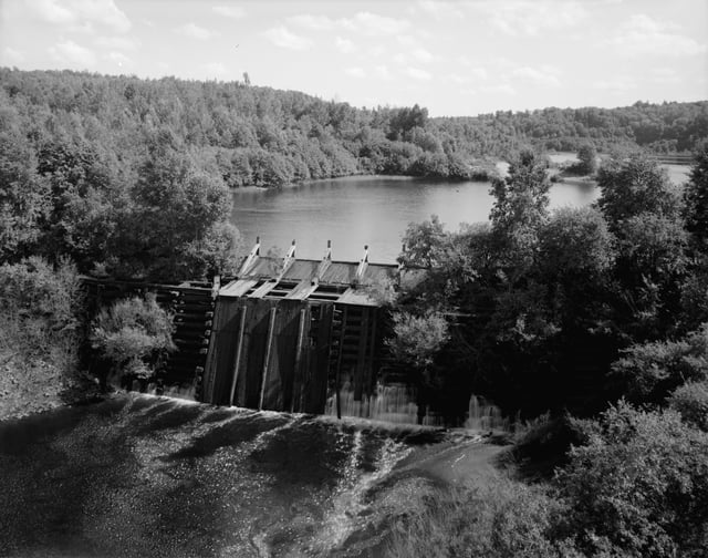 A timber crib dam in Michigan, photographed in 1978