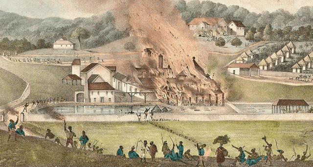 A plantation set alight during the Baptist War of 1831-32