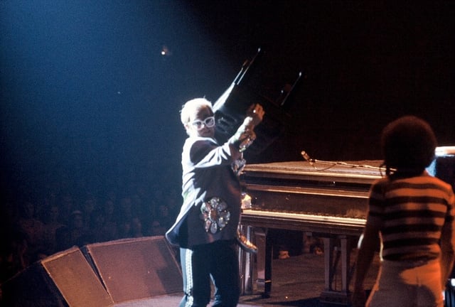 Elton John during a Captain Fantastic concert in 1975