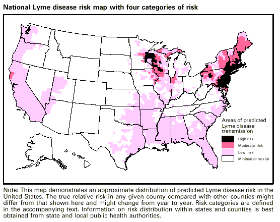 CDC map showing the risk of Lyme disease in the United States, particularly its concentration in the Northeast Megalopolis and western Wisconsin.