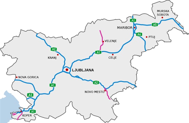Motorways in Slovenia in December 2018; capital Ljubljana lies in the intersection of north-south and west-east main directions
