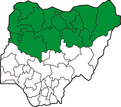 Nigerian states that implement some form of sharia law (in green)