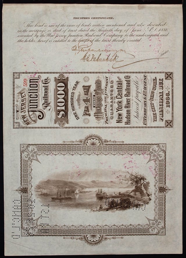 Bond of the New Jersey Junction Railroad Company, issued 30. June 1886, reverse site with signatures of John Pierpont Morgan and Harris C. Fahnestock as trustees
