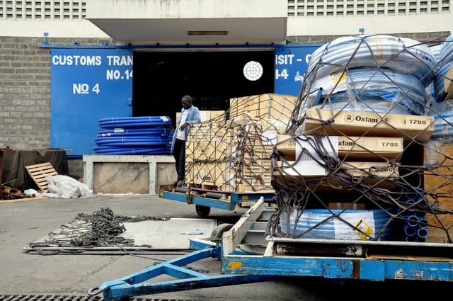 Oxfam relief supplies outside the Siginon warehouse in Nairobi, Kenya.