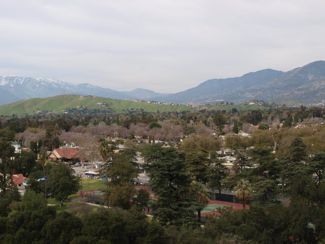 View from Perris Hill north towards Shandin Hills. The opening of the Cajon Pass is visible in the far background.
