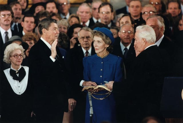 Reagan is sworn in for a second term as president by Chief Justice Burger in the Capitol rotunda