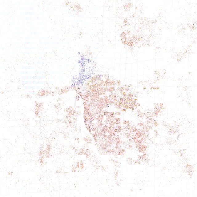 Map of racial distribution in Tulsa, 2010 U.S. Census. Each dot is 25 people: White, Black, Asian, Hispanic or Other (yellow)