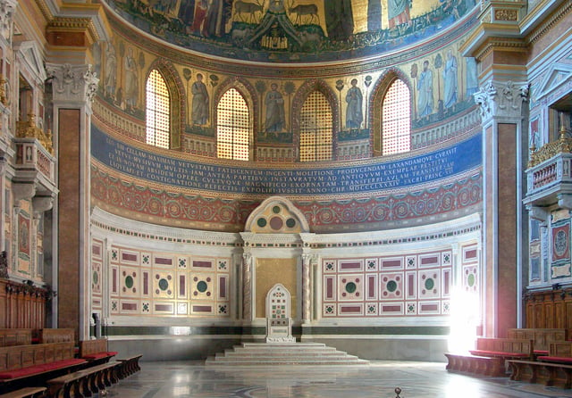 The papal throne (cathedra), in the apse of Archbasilica of Saint John Lateran, symbolises the Holy See.