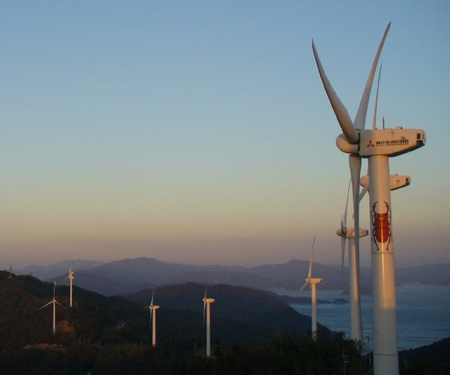 Part of the Seto Hill Windfarm in Japan, one of several windfarms that continued generating without interruption after the 2011 earthquake and tsunami and the Fukushima nuclear disaster