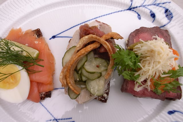 Smørrebrød, a variety of Danish open sandwiches piled high with delicacies