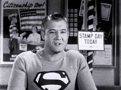 Actor George Reeves portraying Superman in Stamp Day for Superman. After appearing in film, he would be first actor to star as Superman in television.