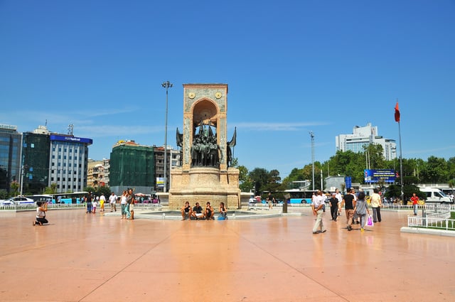A view of Taksim Square with the Republic Monument (1928) designed by Italian sculptor Pietro Canonica