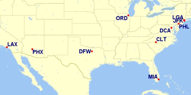 Map of American Airlines hubs