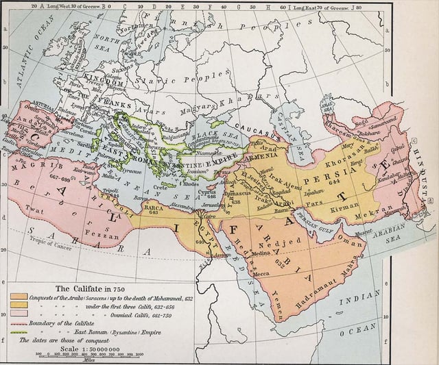 The expansion of the Muslim Caliphate until 750, from William R. Shepherd's Historical Atlas.  Muslim state at the death of Muhammad   Expansion under the Rashidun Caliphate   Expansion under the Umayyad Caliphate   Byzantine Empire