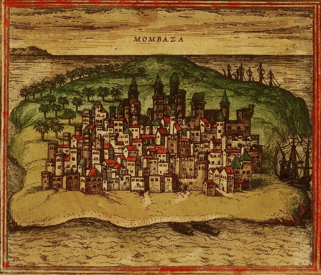 1572 Mombasa from Civitates orbis terrarum byGeorg Braun and Franz Hogenberg