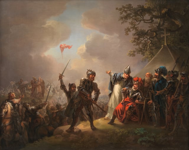 The Danish flag falling from the sky in the 1219 Battle of Lindanise.