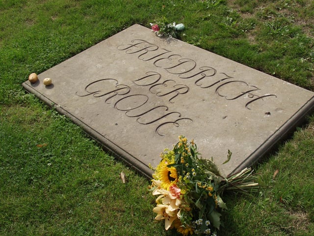 Grave of Frederick at Sanssouci where he was buried only after the German reunification (he wished to rest next to his dogs, but this was originally disobeyed)