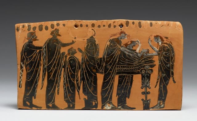 The lying in state of a body (prothesis) attended by family members, with the women ritually tearing their hair (Attic, latter 6th century BC)