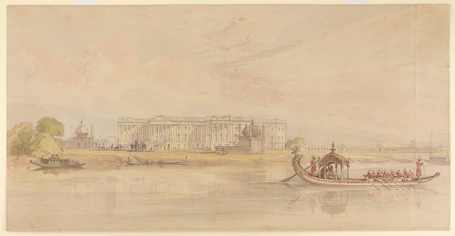 A painting of the Nizamat Fort Campus with the palace and the other surrounding buildings (c. 1830s – 1840s), kept in the British Library, painting by Robert Smith