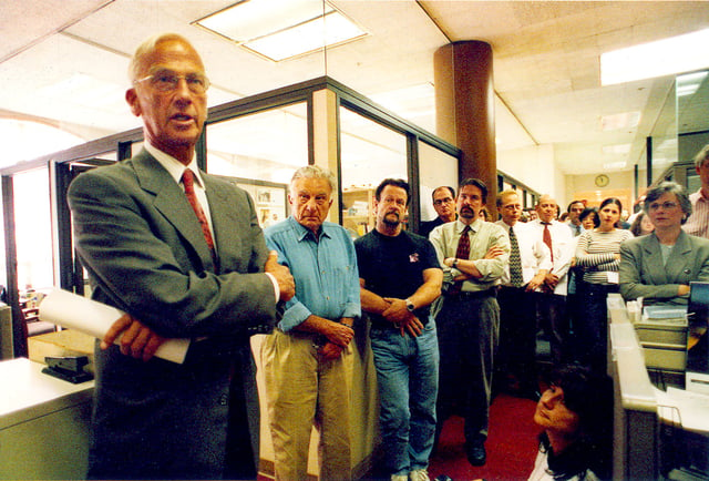 Chronicle CEO John Sias announces the sale of the newspaper to the Hearst Corporation, August 6, 1999.
