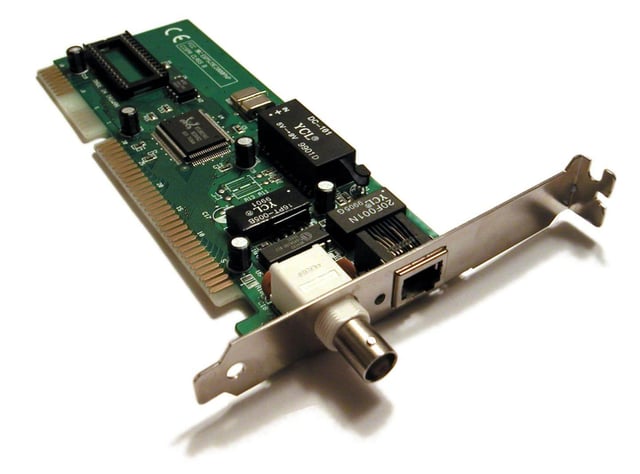 A 1990s ISA network interface card supporting both coaxial-cable-based 10BASE2 (BNC connector, left) and twisted pair-based 10BASE-T (8P8C connector, right)