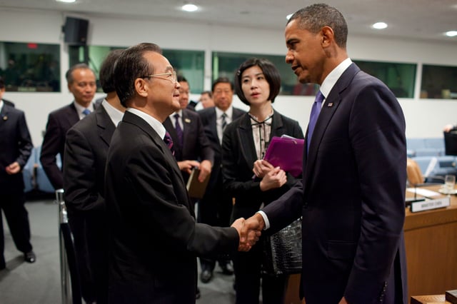Obama meets with Wen Jiabao and members of the Chinese delegation after a bilateral meeting at the United Nations in New York City.