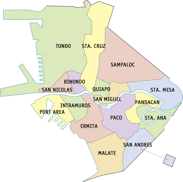 District map of Manila that shows its sixteen districts.