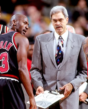 Jordan with coach Phil Jackson, 1997