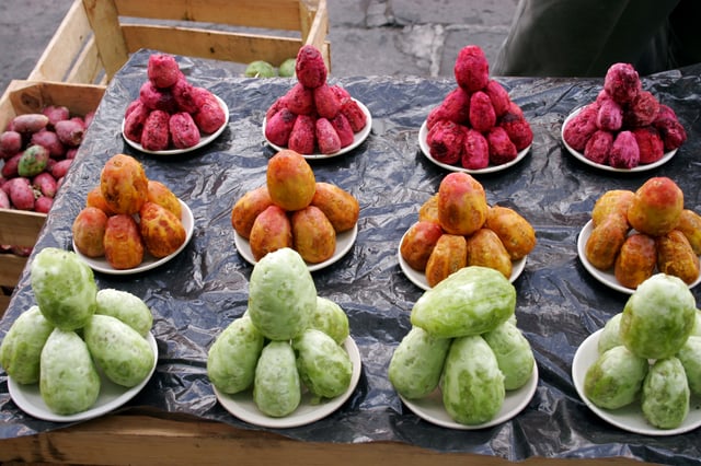 Peeled fruits of the Indian fig cactus of different varieties on sale in Mexico