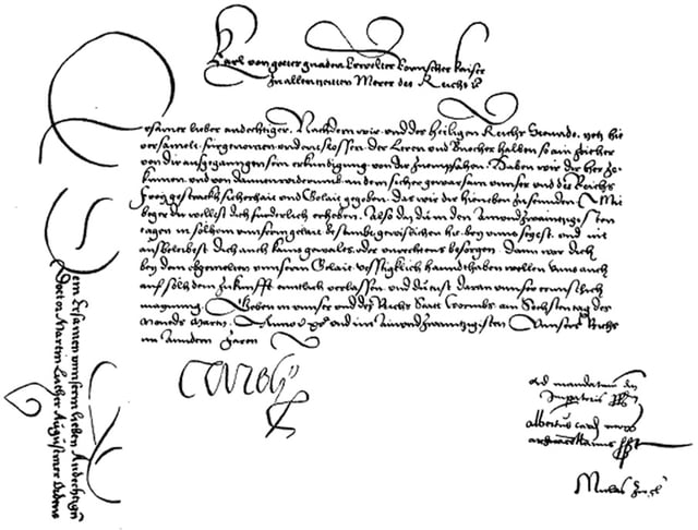 Summons for Luther to appear at the Diet of Worms, signed by Charles V. The text on the left was on the reverse side.