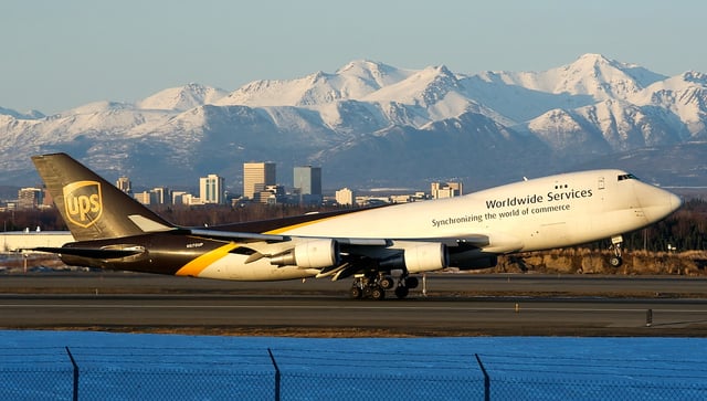 UPS Boeing 747 departing from Ted Stevens Anchorage International Airport – a major hub for the airline.