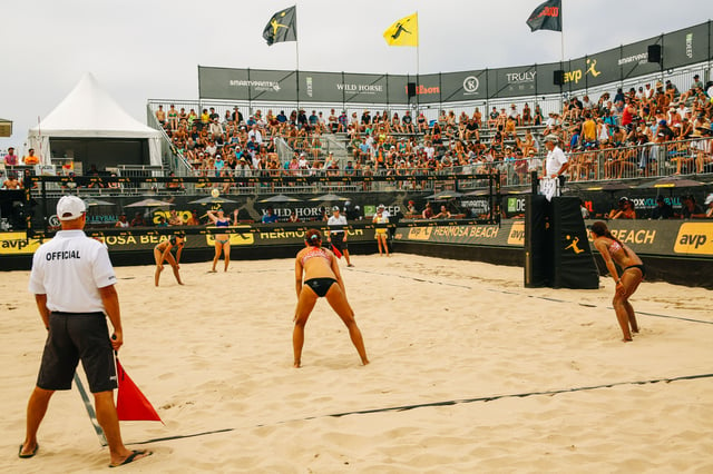 A women's match at the 2017 Hermosa Beach Open, one of the tournaments in the AVP tour.