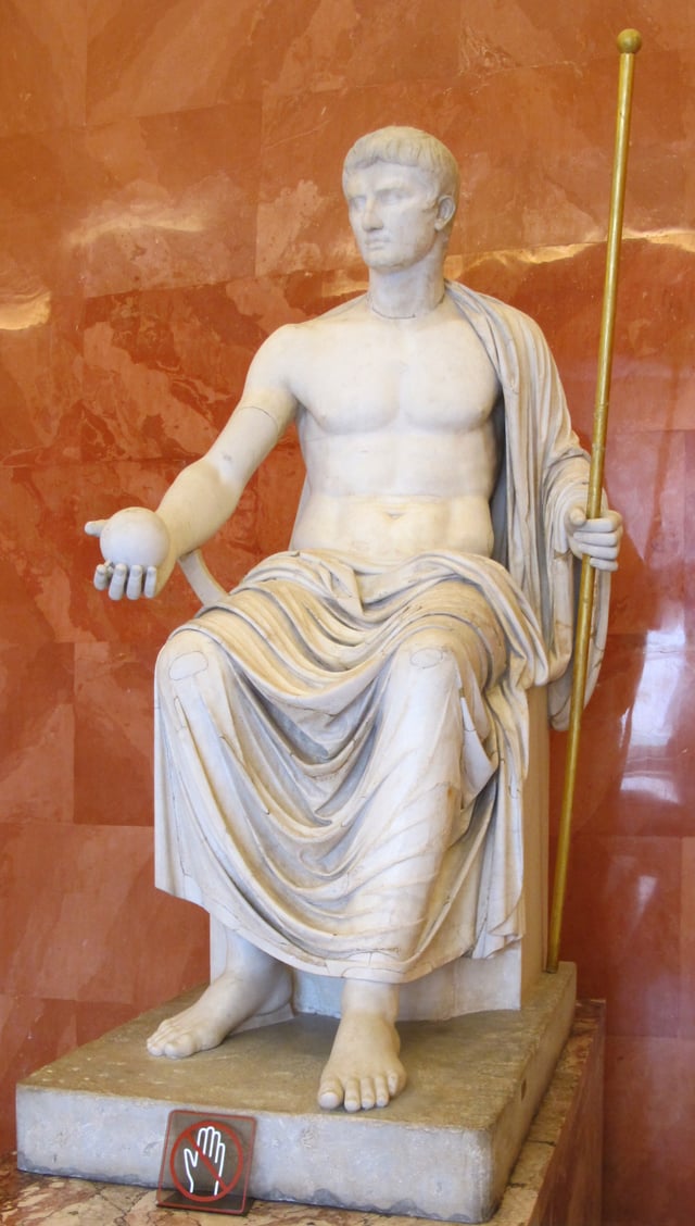 Reconstructed statue of Augustus as Jove, holding scepter and orb (first half of 1st century AD). The Imperial cult of ancient Rome identified emperors and some members of their families with the divinely sanctioned authority (auctoritas) of the Roman State. The official offer of cultus to a living emperor acknowledged his office and rule as divinely approved and constitutional: his Principate should therefore demonstrate pious respect for traditional Republican deities and mores