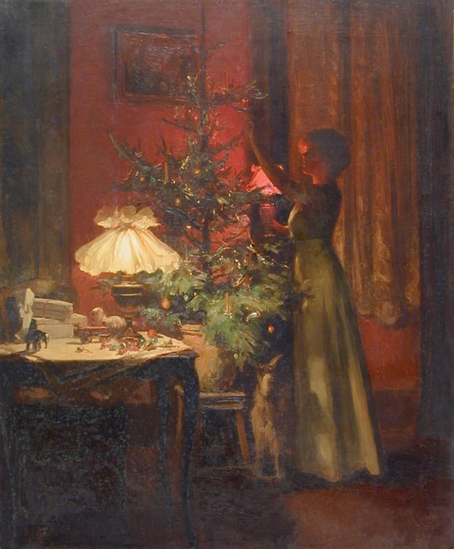 A young woman decorates the Christmas tree, painting by Marcel Rieder (1862–1942) from 1898