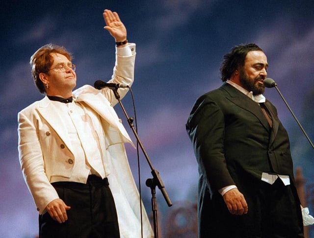 Elton John with Luciano Pavarotti in Modena, 1996