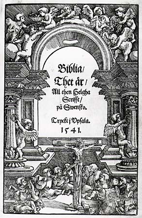 Front page of Gustav Vasa's Bible from 1541, using Fraktur. The title translated to English reads: "The Bible / That is / The Holy Scripture / in Swedish. Printed in Uppsala. 1541".