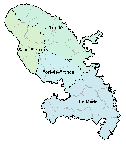 A map of Martinique showing the island's four arrondissements