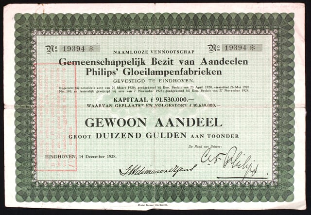 Share of the Philips Gloeilampenfabrieken, issued 14. December 1928